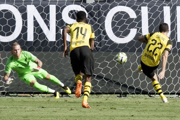 Liverpool's goalkeeper Loris Karius (L) is scored upon by Borussia Dortmund's Christian Pulisic (R) from a free kick during the 2018 International Champions Cup at Bank of America Stadium in Charlotte, North Carolina, on July 22, 2018. (Photo by JIM WATSON / AFP)        (Photo credit should read JIM WATSON/AFP/Getty Images)