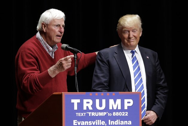 Former Indiana basketball coach Bob Knight talks about Republican presidential candidate Donald Trump speaks during a campaign stop at Old National Events Plaza, Thursday, April 28, 2016, in Evansville, Ind. (AP Photo/Darron Cummings)