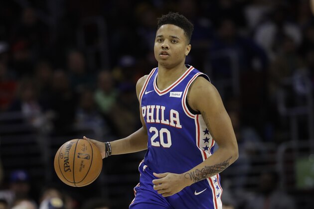 Philadelphia 76ers' Markelle Fultz in action during an NBA basketball game against the Denver Nuggets, Monday, March 26, 2018, in Philadelphia. (AP Photo/Matt Slocum)