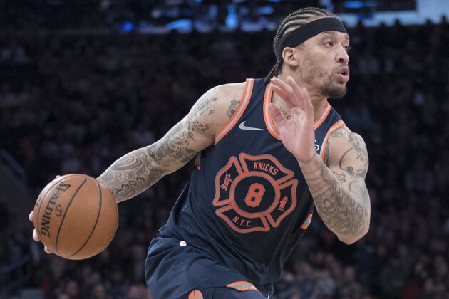New York Knicks forward Michael Beasley handles the ball during the second half of an NBA basketball game against the Detroit Pistons, Saturday, March 31, 2018, at Madison Square Garden in New York. The Pistons won 109-115. (AP Photo/Mary Altaffer)