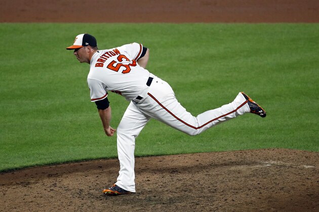 Baltimore Orioles relief pitcher Zach Britton throws to the Texas Rangers during a baseball game in Baltimore, Thursday, July 20, 2017. (AP Photo/Patrick Semansky)