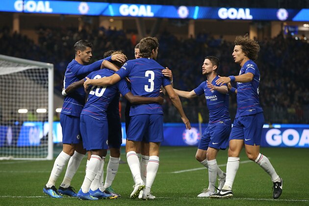 PERTH, AUSTRALIA - JULY 23:  Chelsea players celebrate the opening goal by Pedro during the international friendly between Chelsea FC and Perth Glory at Optus Stadium on July 23, 2018 in Perth, Australia.  (Photo by Paul Kane/Getty Images)