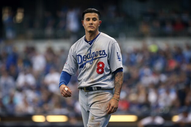 MILWAUKEE, WI - JULY 22:  Manny Machado #8 of the Los Angeles Dodgers walks across the field in the fourth inning against the Milwaukee Brewers at Miller Park on July 22, 2018 in Milwaukee, Wisconsin.  (Photo by Dylan Buell/Getty Images)