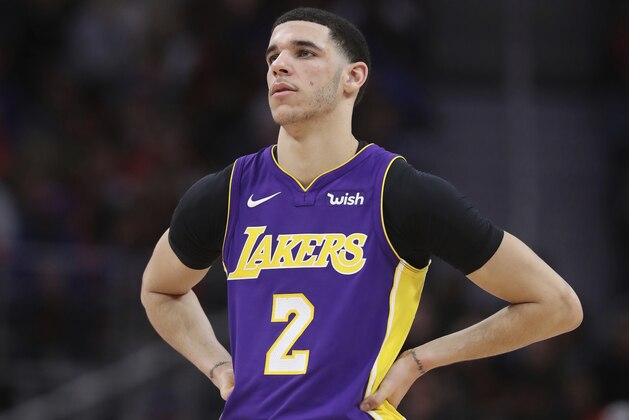 Los Angeles Lakers guard Lonzo Ball on the court during the second half of an NBA basketball game against the Detroit Pistons, Monday, March 26, 2018, in Detroit. (AP Photo/Carlos Osorio)