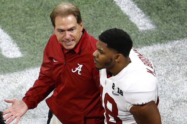 ATLANTA, GA - JANUARY 08:   Alabama head coach Nick Saban yells at linebacker Mekhi Brown #48 during the College Football Playoff National Championship game against the Georgia Bulldogs at Mercedes-Benz Stadium on January 8, 2018 in Atlanta, Georgia.  (Photo by Mike Zarrilli/Getty Images)