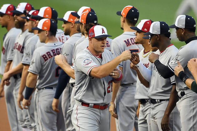WASHINGTON, DC - JULY 17:  Mike Trout #27 of the Los Angeles Angels of Anaheim and the American League is introduced before the 89th MLB All-Star Game, presented by Mastercard at Nationals Park on July 17, 2018 in Washington, DC.  (Photo by Nick Wass - Pool/Getty Images)