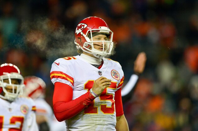 DENVER, CO - DECEMBER 31:  Quarterback Patrick Mahomes #15 of the Kansas City Chiefs looks on during a game against the Denver Broncos at Sports Authority Field at Mile High on December 31, 2017 in Denver, Colorado. (Photo by Dustin Bradford/Getty Images)