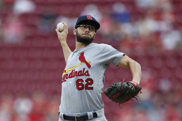 St. Louis Cardinals starting pitcher Daniel Poncedeleon (62) throws against the Cincinnati Reds during the first inning of a baseball game, Monday, July 23, 2018, in Cincinnati. (AP Photo/Gary Landers)