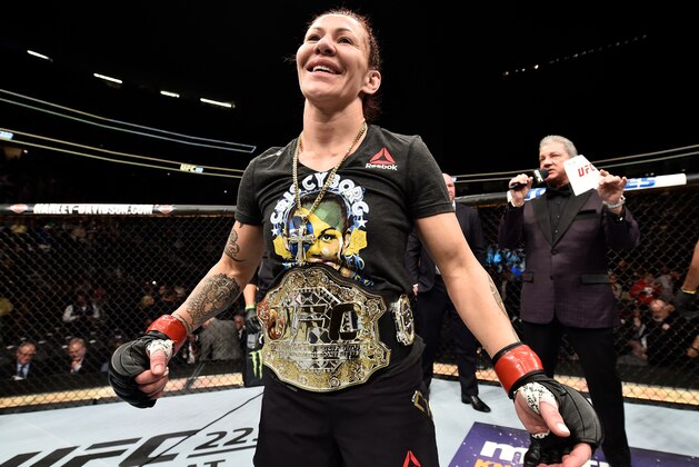 LAS VEGAS, NV - MARCH 03:  Cris Cyborg of Brazil celebrates after her TKO victory over Yana Kunitskaya of Russia in their women's featherweight bout during the UFC 222 event inside T-Mobile Arena on March 3, 2018 in Las Vegas, Nevada. (Photo by Jeff Bottari/Zuffa LLC/Zuffa LLC via Getty Images)