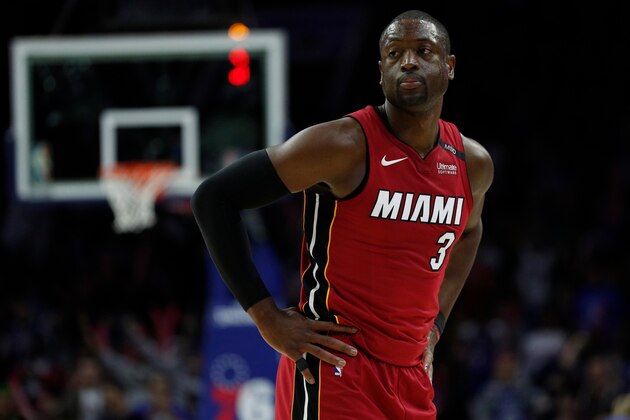 Miami Heat's Dwyane Wade looks on during the second half in Game 2 of a first-round NBA basketball playoff series against the Philadelphia 76ers, Monday, April 16, 2018, in Philadelphia. The Heat won 113-103. (AP Photo/Chris Szagola)