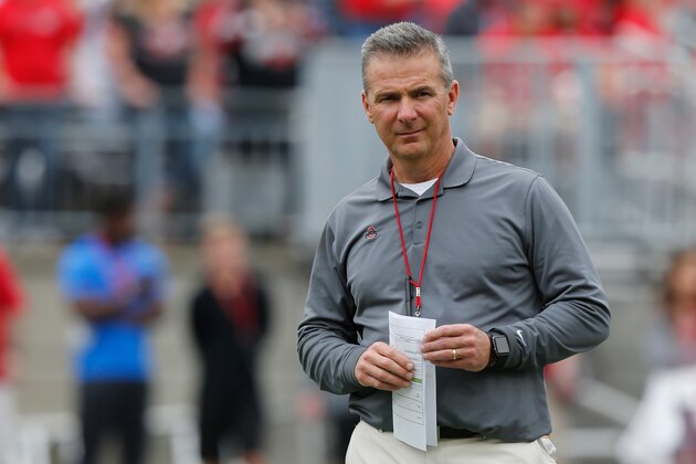 Ohio State head coach Urban Meyer watches their NCAA college spring football game Saturday, April 14, 2018, in Columbus, Ohio. (AP Photo/Jay LaPrete)