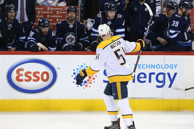 WINNIPEG, MANITOBA - MAY 1: Austin Watson #51 of the Nashville Predators celebrates scoring against the Winnipeg Jets in Game Three of the Western Conference Second Round during the 2018 NHL Stanley Cup Playoffs on May 1, 2018 at Bell MTS Place in Winnipeg, Manitoba, Canada. (Photo by Jason Halstead /Getty Images)