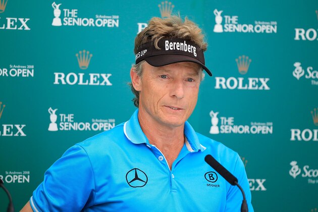 ST ANDREWS, SCOTLAND - JULY 24:  Bernhard Langer of Germany in media interview during previews ahead of The Senior Open presented by Rolex played at The Old Course on July 24, 2018 in St Andrews, Scotland.  (Photo by Phil Inglis/Getty Images)