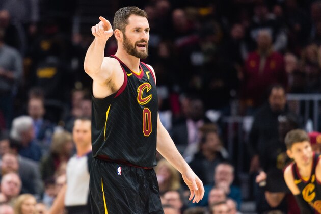 CLEVELAND, OH - APRIL 18: Kevin Love #0 of the Cleveland Cavaliers yells to a teammate during the first half against the Indiana Pacers of Game 2 of the first round of the Eastern Conference playoffs at Quicken Loans Arena on April 18, 2018 in Cleveland, Ohio. NOTE TO USER: User expressly acknowledges and agrees that, by downloading and or using this photograph, User is consenting to the terms and conditions of the Getty Images License Agreement. (Photo by Jason Miller/Getty Images)