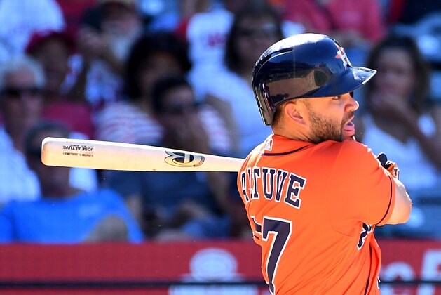 ANAHEIM, CA - JULY 22:  Jose Altuve #27 of the Houston Astros at bat in the game against the Los Angeles Angels of Anaheim at Angel Stadium on July 22, 2018 in Anaheim, California.  (Photo by Jayne Kamin-Oncea/Getty Images)