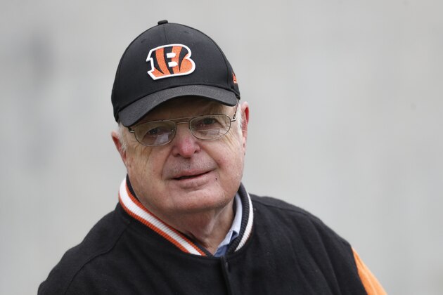 Cincinnati Bengals NFL football team owner Mike Brown watches practice during pre-draft workouts with local players from the surrounding region, Tuesday, April 17, 2018, in Cincinnati. (AP Photo/John Minchillo)