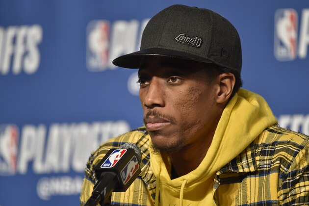 CLEVELAND, OH - MAY 7: DeMar DeRozan #10 of the Toronto Raptors speaks with the media after the game against the Cleveland Cavaliers in Game Four of the Eastern Conference Semifinals during the 2018 NBA Playoffs on May 7, 2018 at Quicken Loans Arena in Cleveland, Ohio. NOTE TO USER: User expressly acknowledges and agrees that, by downloading and/or using this photograph, user is consenting to the terms and conditions of the Getty Images License Agreement. Mandatory Copyright Notice: Copyright 2018 NBAE (Photo by David Liam Kyle/NBAE via Getty Images)