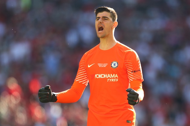 LONDON, ENGLAND - MAY 19:  Thibaut Courtois of Chelsea celebrates following his side's first goal during The Emirates FA Cup Final between Chelsea and Manchester United at Wembley Stadium on May 19, 2018 in London, England.  (Photo by Catherine Ivill/Getty Images)