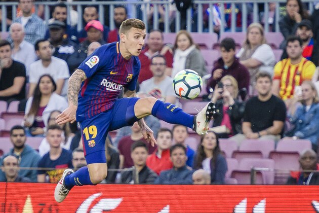 BARCELONA, SPAIN - MAY 09: Lucas Digne of FC Barcelona in action during the La Liga 2017-18 match between FC Barcelona and Villarreal CF at Camp Nou on May 09 2018 in Barcelona, Spain. (Photo by Power Sport Images/Getty Images)