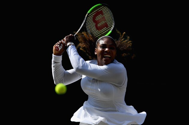 LONDON, ENGLAND - JULY 14:  Serena Williams of The United States in action against Angelique Kerber of Germany during the Ladies' Singles final on day twelve of the Wimbledon Lawn Tennis Championships at All England Lawn Tennis and Croquet Club on July 14, 2018 in London, England  (Photo by Clive Mason/Getty Images)