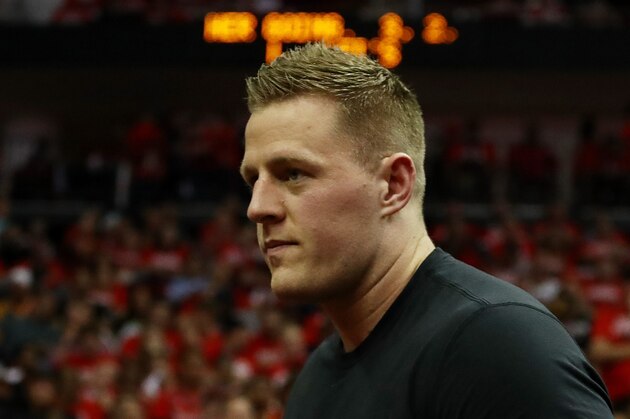 HOUSTON, TX - MAY 24:  NFL player J. J. Watt of the Houston Texans looks on during Game Five of the Western Conference Finals of the 2018 NBA Playoffs between the Houston Rockets and the Golden State Warriors at Toyota Center on May 24, 2018 in Houston, Texas. NOTE TO USER: User expressly acknowledges and agrees that, by downloading and or using this photograph, User is consenting to the terms and conditions of the Getty Images License Agreement. (Photo by Ronald Martinez/Getty Images)