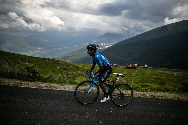 Colombia's Nairo Quintana rides during a one-man breakaway in the Portet pass of the 17th stage of the 105th edition of the Tour de France cycling race, between Bagneres-de-Luchon and Saint-Lary-Soulan Col du Portet, southwestern France, on July 25, 2018. (Photo by Jeff PACHOUD / AFP)        (Photo credit should read JEFF PACHOUD/AFP/Getty Images)