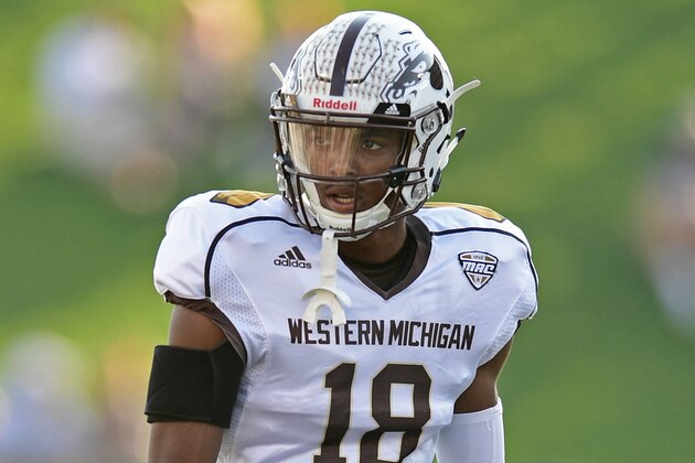 Western Michigan defensive back Sam Beal looks to the sideline in the second quarter of an NCAA college football game against Akron on Saturday, Oct. 15, 2016, in Akron, Ohio. Western Michigan won 41-0. (AP Photo/David Dermer)