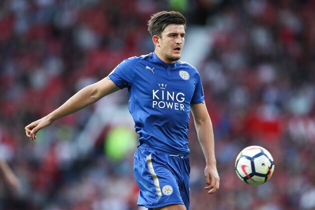 MANCHESTER, ENGLAND - AUGUST 26: Harry Maguire of Leicester City during the Premier League match between Manchester United and Leicester City at Old Trafford on August 26, 2017 in Manchester, England. (Photo by Robbie Jay Barratt - AMA/Getty Images)