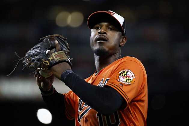 Baltimore Orioles center fielder Adam Jones tosses a ball to fans as he walks off the field between innings of a baseball game against the Tampa Bay Rays in Baltimore, Saturday, Sept. 23, 2017. (AP Photo/Patrick Semansky)