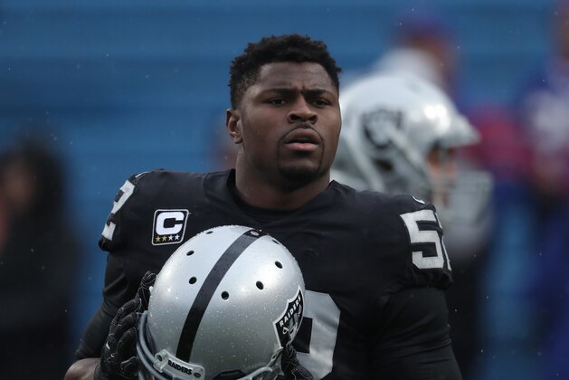 BUFFALO, NY - OCTOBER 29: Khalil Mack #52 of the Oakland Raiders warms up before the start of NFL game action against the Buffalo Bills at New Era Field on October 29, 2017 in Buffalo, New York. (Photo by Tom Szczerbowski/Getty Images)