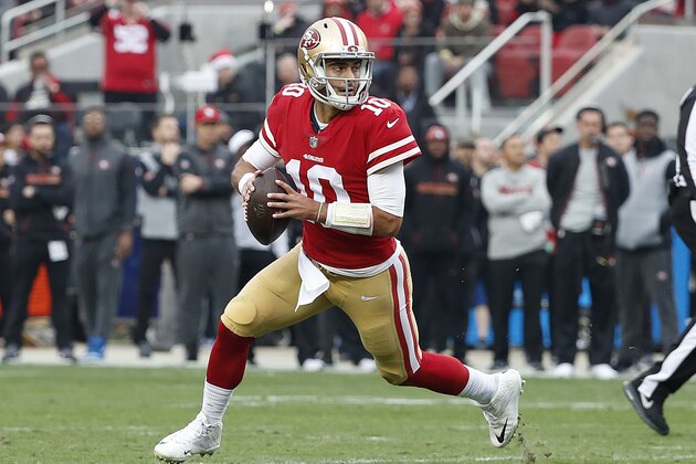 San Francisco 49ers quarterback Jimmy Garoppolo (10) against the Jacksonville Jaguars during an NFL football game in Santa Clara, Calif., Sunday, Dec. 24, 2017. (AP Photo/Tony Avelar)