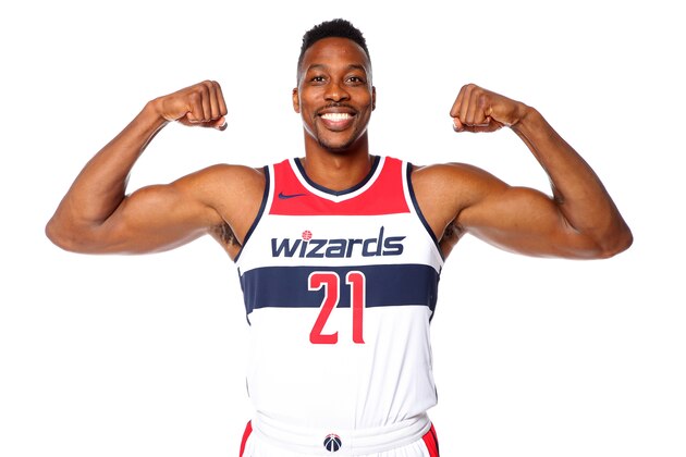 WASHINGTON, DC - JULY 23: Dwight Howard #21 of the Washington Wizards poses for a portrait after an introductory press conference at the Capital One Arena on July 23, 2018 in Washington, DC. NOTE TO USER: User expressly acknowledges and agrees that, by downloading and/or using this photograph, user is consenting to the terms and conditions of the Getty Images License Agreement. Mandatory Copyright Notice: Copyright 2018 NBAE (Photo by Ned Dishman/NBAE via Getty Images)