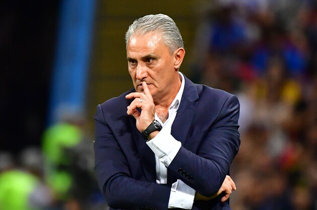 Brazil's coach Tite (R) looks on  during the Russia 2018 World Cup quarter-final football match between Brazil and Belgium at the Kazan Arena in Kazan on July 6, 2018. (Photo by Luis Acosta / AFP) / RESTRICTED TO EDITORIAL USE - NO MOBILE PUSH ALERTS/DOWNLOADS        (Photo credit should read LUIS ACOSTA/AFP/Getty Images)