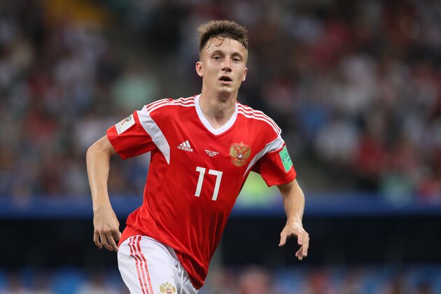 SOCHI, RUSSIA - JULY 07:   Aleksandr Golovin of Russia in action during the 2018 FIFA World Cup Russia Quarter Final match between Russia and Croatia at Fisht Stadium on July 7, 2018 in Sochi, Russia. (Photo by Matthew Ashton - AMA/Getty Images)