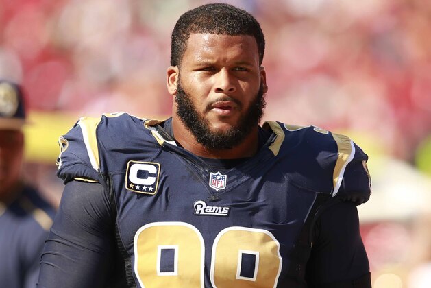 Los Angeles Rams defensive tackle Aaron Donald (99) walks the sidelines during an NFL football game against the Tampa Bay Buccaneers, Sunday, Sept. 25, 2016, in Tampa. The Rams won the game 37-32.    (Jeff Haynes/AP Images for Panini)