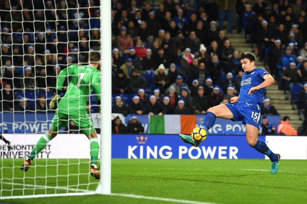 LEICESTER, ENGLAND - DECEMBER 23: Harry Maguire of Leicester City scores his team's second goal during the Premier League match between Leicester City and Manchester United at The King Power Stadium on December 23, 2017 in Leicester, England.  (Photo by Michael Regan/Getty Images)