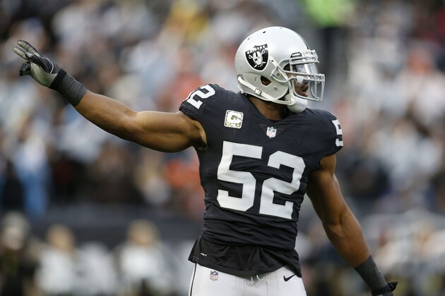 Oakland Raiders defensive end Khalil Mack (52) gestures during the first half of an NFL football game against the Denver Broncos in Oakland, Calif., Sunday, Nov. 26, 2017. (AP Photo/D. Ross Cameron)