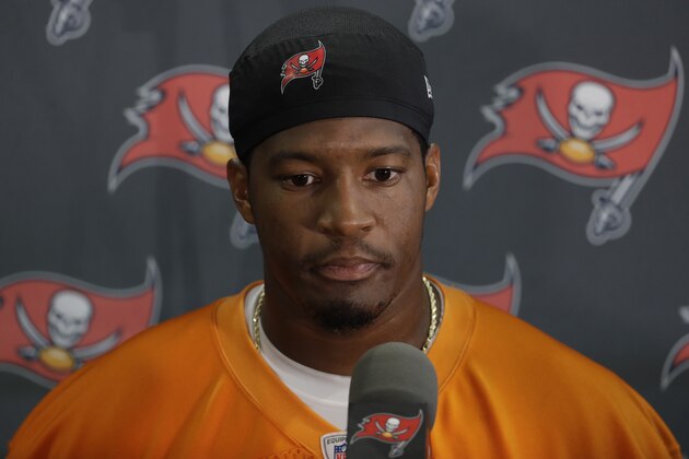 Tampa Bay Buccaneers quarterback Jameis Winston (3) during an NFL football training camp practice Thursday, July 26, 2018, in Tampa, Fla. (AP Photo/Chris O'Meara)