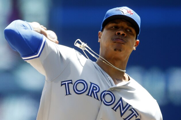 Toronto Blue Jays' pitcher Marcus Stroman throws against the Minnesota Twins in the first inning of a baseball game Wednesday, May 2, 2018, in Minneapolis. (AP Photo/Jim Mone)