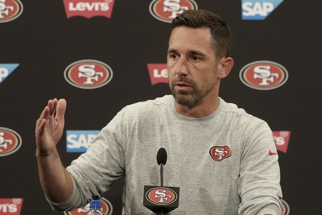 San Francisco 49ers head coach Kyle Shanahan speaks to reporters before an NFL football practice at the team's headquarters in Santa Clara, Calif., Wednesday, June 13, 2018. Year one under coach Kyle Shanahan was a bit of a whirlwind for the 49ers with new systems to install and a midseason quarterback change to Jimmy Garoppolo. It's far different this year as the Niners wrap up the offseason program. (AP Photo/Jeff Chiu)