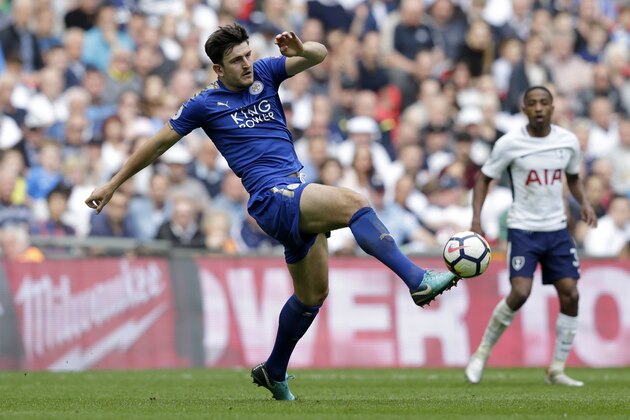 LONDON, ENGLAND - MAY 13:  Harry Maguire of Leicester City in action during the Premier League match between Tottenham Hotspur and Leicester City at Wembley Stadium on May 13, 2018 in London, England.  (Photo by Henry Browne/Getty Images)