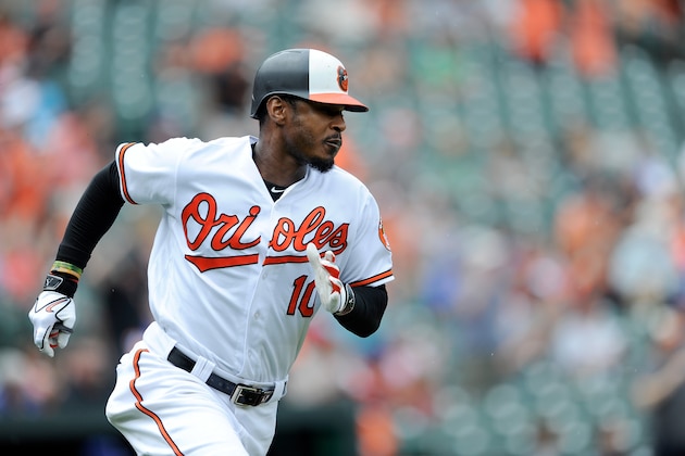 BALTIMORE, MD - JULY 15:  Adam Jones #10 of the Baltimore Orioles rounds the bases against the Texas Rangers at Oriole Park at Camden Yards on July 15, 2018 in Baltimore, Maryland.  (Photo by G Fiume/Getty Images)