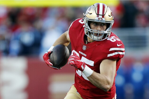San Francisco 49ers tight end George Kittle (85) runs against the Tennessee Titans during the second half of an NFL football game Sunday, Dec. 17, 2017, in Santa Clara, Calif. (AP Photo/John Hefti)