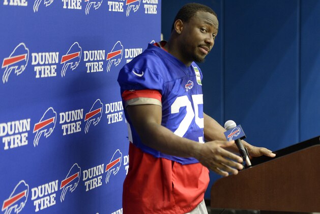 Buffalo Bills running back LeSean McCoy (25) speaks to the media after an NFL football team minicamp practice in Orchard Park, N.Y., Tuesday, June 12, 2018. (AP Photo/Adrian Kraus)