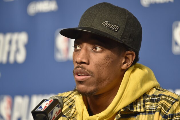 CLEVELAND, OH - MAY 7: DeMar DeRozan #10 of the Toronto Raptors speaks to the media after Game Four of the Eastern Conference Semifinals against the Cleveland Cavaliers during the 2018 NBA Playoffs on May 7, 2018 at Quicken Loans Arena in Cleveland, Ohio. NOTE TO USER: User expressly acknowledges and agrees that, by downloading and/or using this photograph, user is consenting to the terms and conditions of the Getty Images License Agreement. Mandatory Copyright Notice: Copyright 2018 NBAE (Photo by David Liam Kyle/NBAE via Getty Images)