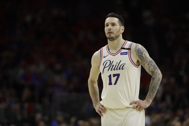 Philadelphia 76ers' JJ Redick in action during Game 4 of an NBA basketball second-round playoff series against the Boston Celtics, Monday, May 7, 2018, in Philadelphia. (AP Photo/Matt Slocum)
