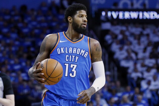 Oklahoma City Thunder forward Paul George (13) during Game 5 of an NBA basketball first-round playoff series between the Utah Jazz and the Oklahoma City Thunder n Oklahoma City, Wednesday, April 25, 2018. (AP Photo/Sue Ogrocki)