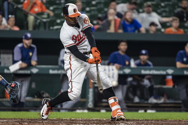 1BALTIMORE, MD - JULY 26: Adam Jones #10 of the Baltimore Orioles singles against the Tampa Bay Rays during the seventh inning at Oriole Park at Camden Yards on July 26, 2018 in Baltimore, Maryland. (Photo by Scott Taetsch/Getty Images)