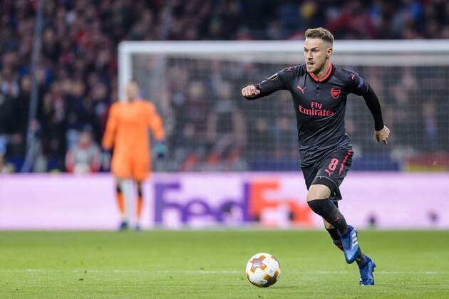 MADRID, SPAIN - MAY 03: Aaron Ramsey of Arsenal FC in action during the UEFA Europa League 2017-18 semi-finals (2nd leg) match between Atletico de Madrid and Arsenal FC at Wanda Metropolitano on May 03 2018 in Madrid, Spain. (Photo by Power Sport Images/Getty Images)