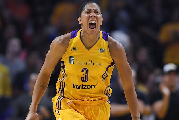 Los Angeles Sparks forward Candace Parker celebrates after the Minnesota Lynx turned over the ball during the second half in Game 3 of the WNBA basketball finals, Friday, Sept. 29, 2017, in Los Angeles.  (AP Photo/Mark J. Terrill)